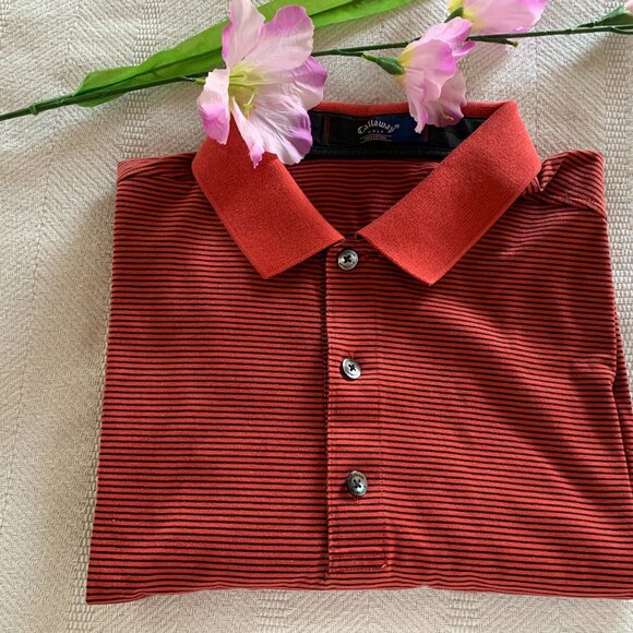 Men's Size Lg Callaway Polo Style Golf Shirt Blood Red w/ Black Pin Striping - Picture 1 of 7